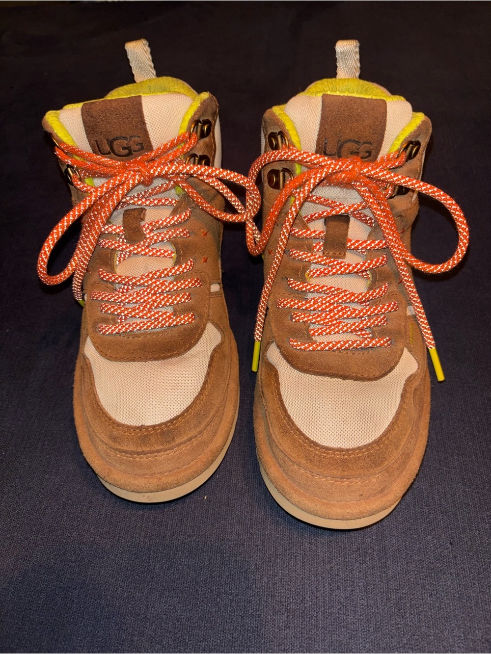 UGG Brown Suede and Beige Mesh Ankle Boots with Orange Laces